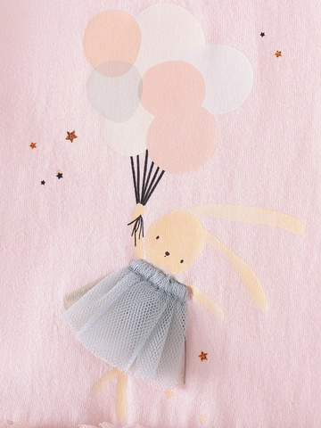 Little Girls Cute Pink Long Sleeve Dress Mesh Tulle Tutu Skirt Rabbit Cartoon Pattern Autumn Princess Party Clothing