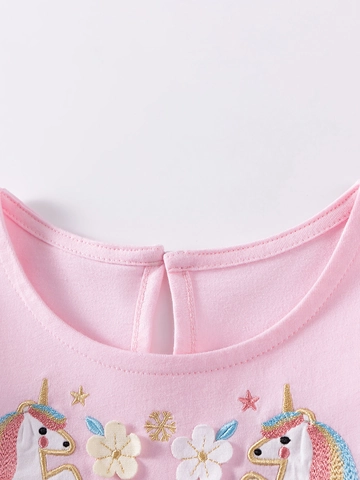 Vestito da Bambina Rosa a Manica Lunga in Cotone Con Ricamo Unicorno Gonna in Mesh di Tulle Arcobaleno Dolce Tutu da Festa