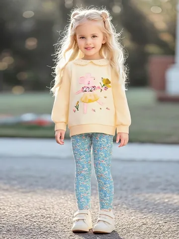 Abbigliamento da Bambina Casual in Cotone Felpa a Maniche Lunghe e Pantaloni Floreali Completo a Due Pezzi Top e Pantaloni Ricamati