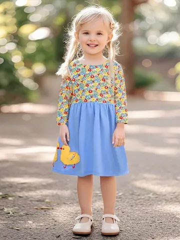 Girls Long Sleeve Floral Patchwork Dress 100% Cotton Cartoon Chick Applique Autumn Casual Kids Boutique Dress Clothing