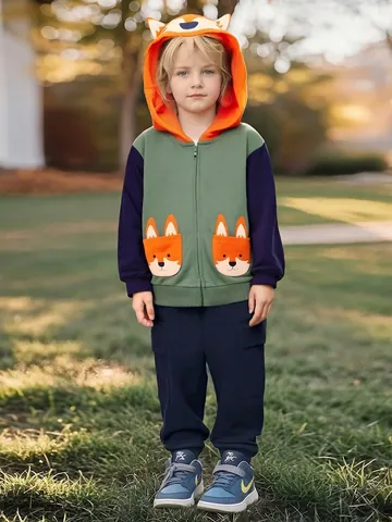 Little Maven Kinderen Jongens Vos Jas Met Capuchon En Broek Set 100% Katoen Herfst Casual Lange Mouw Rits Hoodie