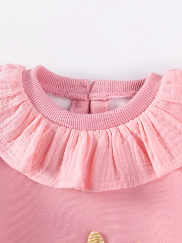Girl Fleece Lined Two Piece Set Ruffle Collar Cotton Sweatshirt And Ribbed Leggings Rabbit Applique Winter Outfit