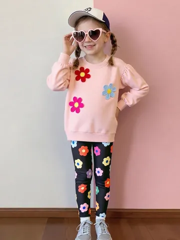 Ensemble de Vêtements d'Automne pour Petites Filles Sweatshirt Rose à Manches Longues Avec Appliques de Fleurs 3D Et Leggings Floraux