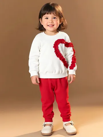 Sweat-shirt À Manches Longues Pour Filles Et Pantalon De Jogging À Cœur Volant Ensemble En Polyester Doux Pour Enfants