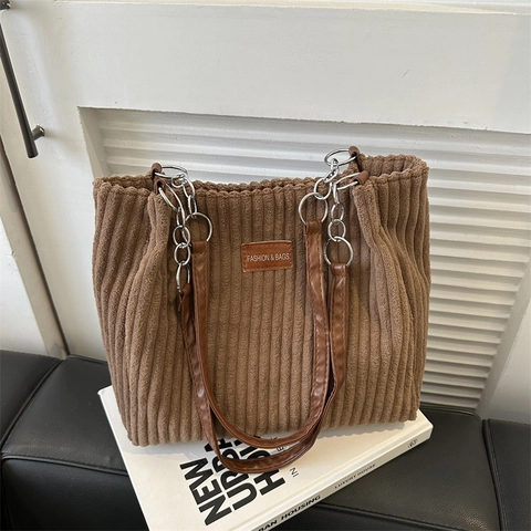 Women Large Capacity Corduroy Tote Bag Retro Simple Solid Color Shoulder Bag With Magnetic Snap And Chain Strap Commuter