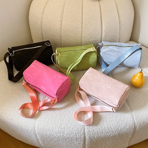 Women Casual PU Cylindrical Shoulder Bag Crinkle Texture Barrel Crossbody Bag Street Trend Retro Solid Color Fashion Bag