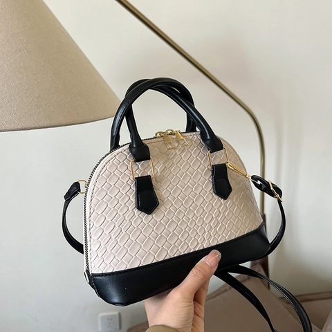 Women Fashion PU Woven Texture Shell Shoulder Bag Retro Splicing Handbag With Top Handle Adjustable Strap Versatile Crossbody Bag