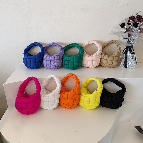 Fashion Korean Style Puffy Quilted Handbag For Women Nylon Cloud Bag Lightweight Handheld Underarm Bag Solid Color Accessory