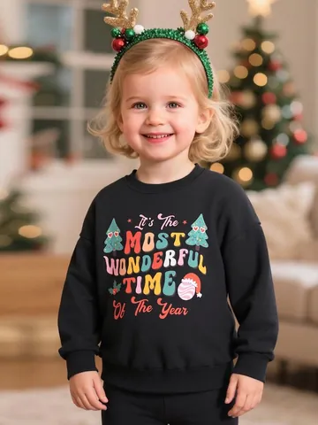 Dames Kerstmis Sweatshirt Gevoerd Met Fleece Lange Mouwen Pullover Cartoon Letter Bedrukt Feestelijk Winter Warm Top Voor Kinderen