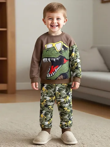 Ensemble de Survêtement pour Garçons en Polyester Dinosaure de Dessin Animé Camouflage Sweat-shirt à Manches Longues et Pantalon Automne
