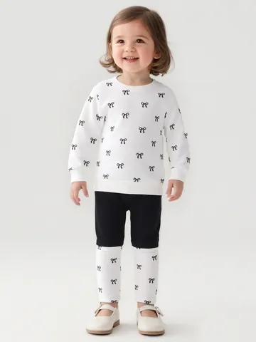 Ensemble Haut Manches Longues Et Pantalon Imprimé Nœud Pour Filles Tenue Décontractée En Polyester Blanc Pour Automne