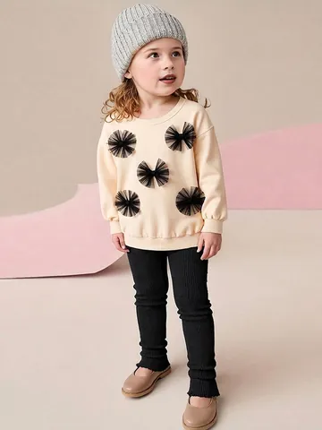 Ensemble Sweat À Manches Longues Et Pantalon Pour Filles Beige Noir Nœud En Maille Vêtements Décontractés Nervurés Pour Enfants Automne