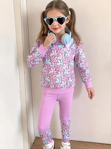 Little Maven Completo Autunnale Bambina Con Stampa Coniglio Cartone Animato Top Manica Lunga E Pantaloni Due Pezzi Casual