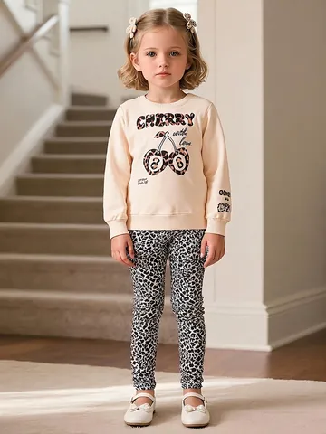 Ensemble de Vêtements d'Automne Décontracté pour Filles Manches Longues Imprimé Cerise Léopard Haut Et Pantalon Long