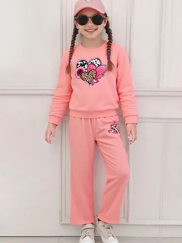 Set da 2 Pezzi da Ragazza con Felpa a Maniche Lunghe e Pantaloni Stampa a Cuore Rosa Completo Autunnale Casual per Bambini