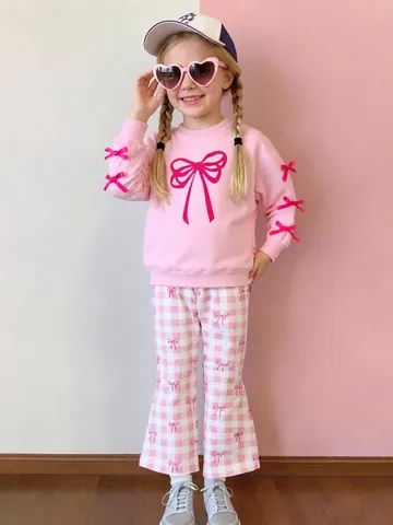 Little Maven Completo Autunnale da Ragazza Rosa con Fiocco e Quadri Felpa a Maniche Lunghe Pantaloni a Zampa Bambini
