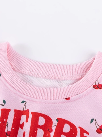 Girls Casual Polyester Long Sleeve Sweatshirt And Pants Set Cherry Printed Round Neck Autumn Clothes For Children Kids