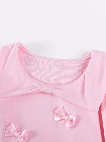 Vestito da Principessa a Maniche Lunghe Rosa per Ragazze Dolce Fiocco Colletto Peter Pan Poliestere Autunno Abbigliamento Bambina