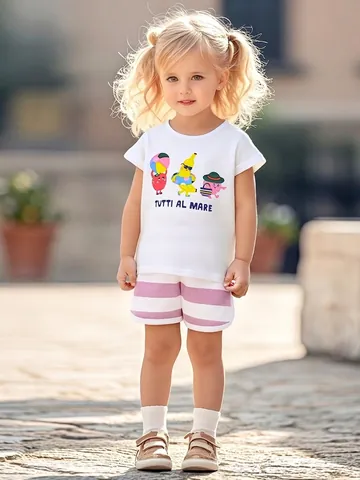 Ensemble de Vêtements d'Été en Coton pour Filles T-Shirt Imprimé Fruits Manches Courtes et Short Rayé Violet
