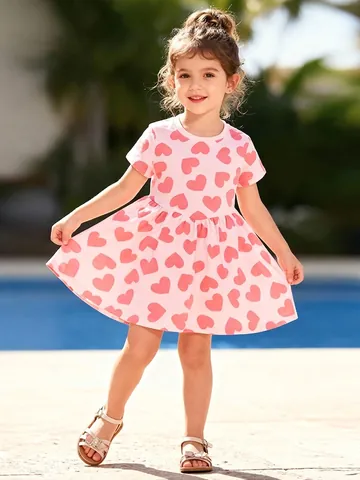 Vestito in Cotone a Maniche Corte per Bambine Rosa con Stampa a Cuori Rossi Estivo Linea a Abiti Casual per Bambini