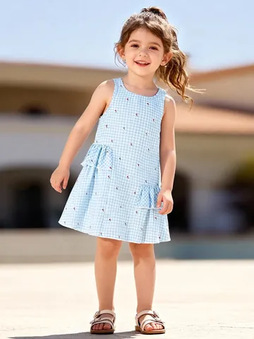 Robe Vichy Sans Manches pour Filles Imprimé Cerise Doux Ourlet à Volants Été Décontracté Coupe Trapèze Robe de Princesse pour Tout-petits Enfants