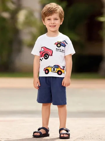 Little Maven Jungen Sommer Baumwolle Kurzarm Weißes Top Mit Rennwagen-Druck Und Marineblaue Shorts Lässig Kinder Outfit