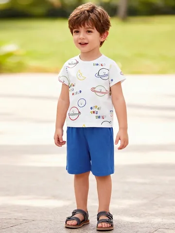Kinder Jungen 100% Baumwolle Sommer Bekleidungsset Weltraum Planet Druck Weiß Kurzarm T-Shirt Blau Shorts 2-Teiler