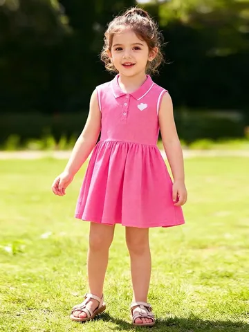 Mädchen 100% Baumwolle Ärmelloses Polo Kleid Rosa Herz Bestickt Casual Sommer Prinzessin Sonnenkleid Für Kleinkinder