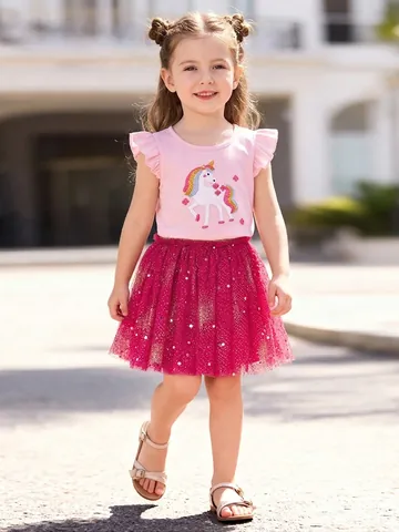 Completo Estivo da Bambina con Maglietta in Cotone Unicorno con Maniche a Volant e Gonna Tutu in Mesh Glitterato Vestiti Bimbi