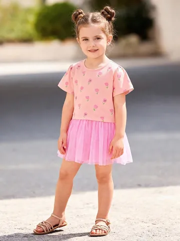 Abito da Principessa Estivo da Ragazza con Stampa a Tulipano Rosa in Cotone con Splicing in Maglia per Bambine Abito da Festa Quotidiano