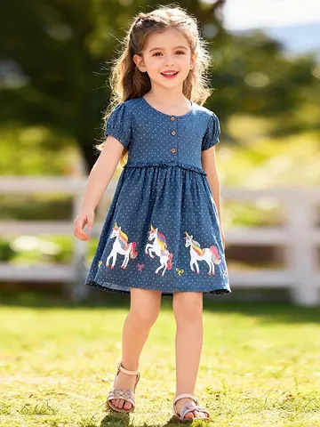 Girls Cotton Short Sleeve Dress Navy Blue Polka Dot Unicorn Embroidery Wood Buttons Casual Princess Dress For 2-7 Years