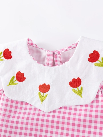 Mädchen Gingham Kleid Ärmellos Peter Pan Kragen Tulpen Applikation Rosa Kariert Polyester Prinzessin Sommerkleid Für Kleinkinder