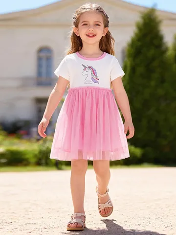 Robe de Princesse Licorne Arc-en-Ciel pour Filles Haut en Coton à Manches Courtes Jupe en Maille Rose Tenue d'Été Enfant