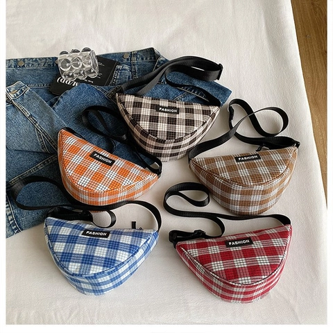 Women Fashion Plaid Canvas Crossbody Bag Casual Checkerboard Shoulder Bag Crescent Chest Bag Daily Travel Messenger Handbag