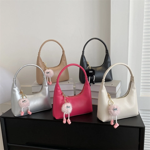 Women Fashion PU Leather Underarm Hobo Bag Minimalist Solid Color Small Handbag With Cute Fuzzy Monster Charm Shoulder Bag