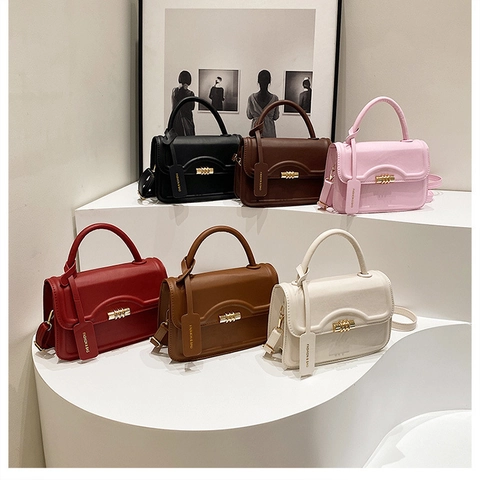 Women PU Leather Small Square Bag Golden Cylinder Twist Lock Handbag Shoulder Crossbody Bag With Adjustable Strap