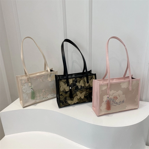 Bolso Tote Bordado Vintage para Mujer Gran Capacidad Patrón Mariposa Flor Bolso de Hombro PU Con Decoración Borla Estilo Étnico