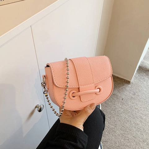 Women Fashion Pebbled PU Leather Mini Saddle Bag With Silver Ball Chain Strap Stylish Commuter Crossbody Bag Casual Small Shoulder Bag
