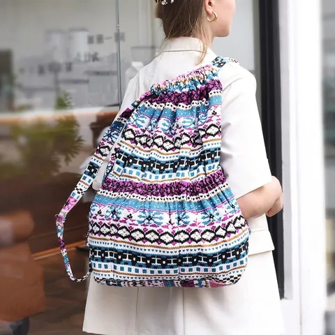 Women's Ethnic Bohemian Striped Drawstring Backpack Large Capacity Polyester Canvas Travel Bucket Bag Multi-Pocket Rucksack