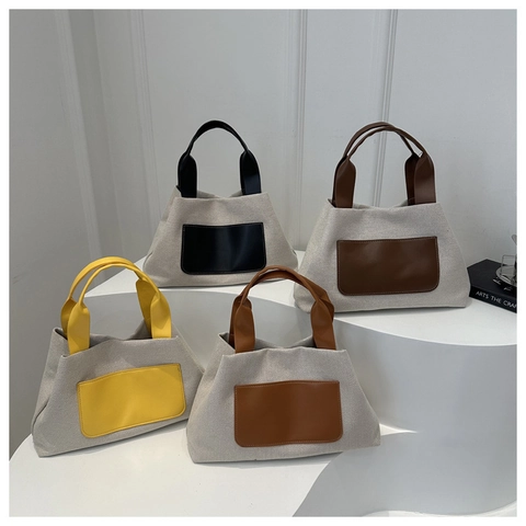 Vrouwen Casual Canvas Contrast Kleur Tote Bag Mode Grote Capaciteit Schoudertas Met Lederen Handvat Dagelijks Woon-Werkverkeer Handtas
