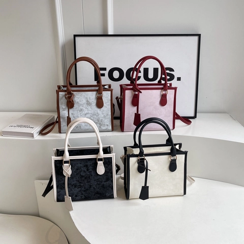 Bolso Tote de Cuero PU Patchwork para Mujer Color de Contraste Bolso de Hombro Cuadrado Con Correa Ajustable Pequeño