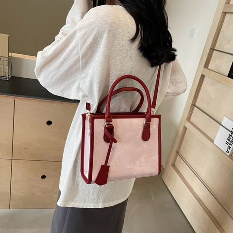 Bolso Tote de Cuero PU Patchwork para Mujer Color de Contraste Bolso de Hombro Cuadrado Con Correa Ajustable Pequeño