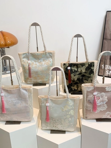 New Chinese Style Embroidery Tote Bag Satin Fabric Woven Handbag With Cotton Rope Handle Tassel Decor For Women Vintage