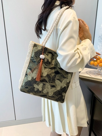 New Chinese Style Embroidery Tote Bag Satin Fabric Woven Handbag With Cotton Rope Handle Tassel Decor For Women Vintage