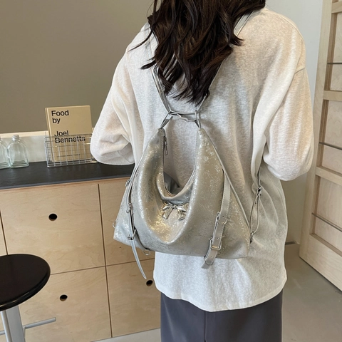 Sac à Épaule en Cuir PU Brillant pour Femmes avec Nœud Grande Capacité Sac à Dos Fourre-tout Élégant Sac à Main Décontracté