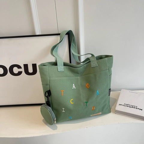 Women Canvas Tote Bag With Colorful Letter Embroidery Large Capacity Shoulder Handbag And Round Coin Purse Minimalist