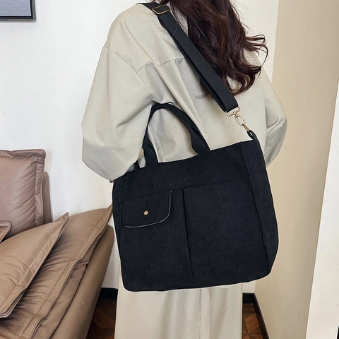 Women Corduroy Tote Bag Multi-Pocket Large Capacity Adjustable Strap Casual Shoulder Crossbody Bag For Students Office