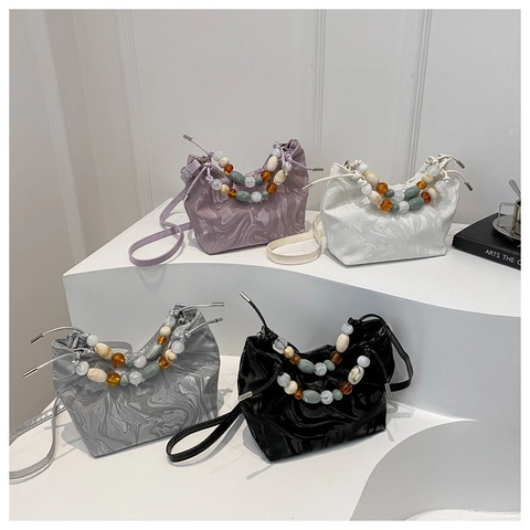 Bolso Cubo Textura Mármol Mujer Asa Cuentas Coloridas Bolso Bandolera Cuero PU Plisado Bolso De Hombro Nicho