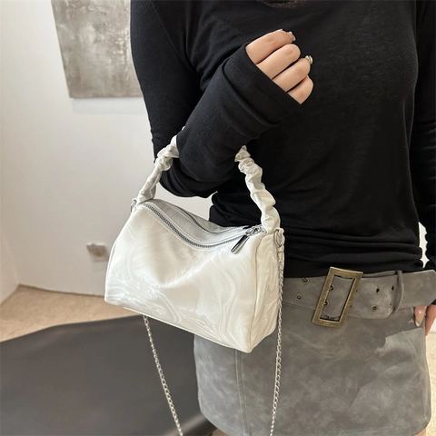 Women Ruched Handle Shoulder Bag PU Marble Pattern Crossbody Bag Chain Top Handle Handbag Small Underarm Bag Zipped Bag For Daily