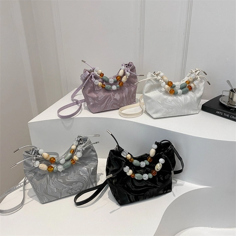 Women Marble Pattern Crossbody Bag PU Leather Pleated Cloud Handbag With Colorful Beaded Handle Trendy Fashion
